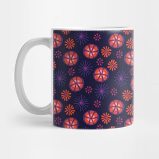 Abstract purple and red flowers on a dark purple background. Mug